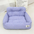 Grey and blue plaid stain-resistant fabric dog travel nests for car use, shown in small and large sizes.