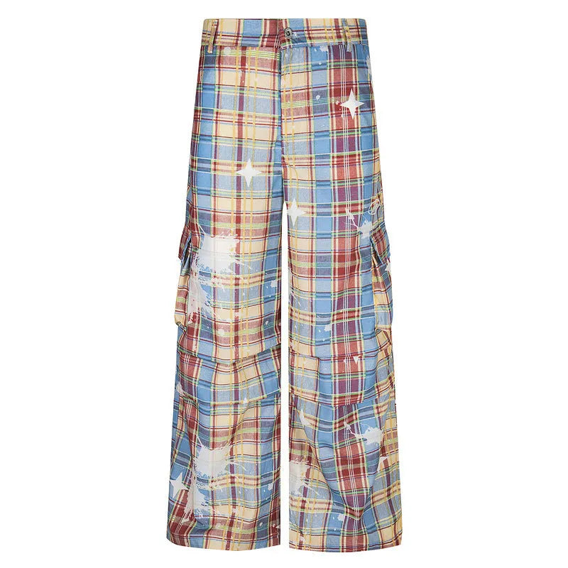Men's blue retro plaid overalls with straight leg design and mid waist