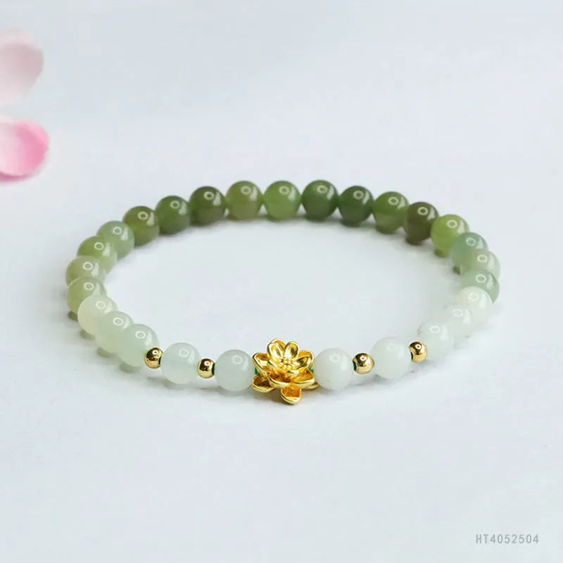 Hand-woven ancient style bracelet with Hetian jade gradient colour and 6mm beads on 17cm length