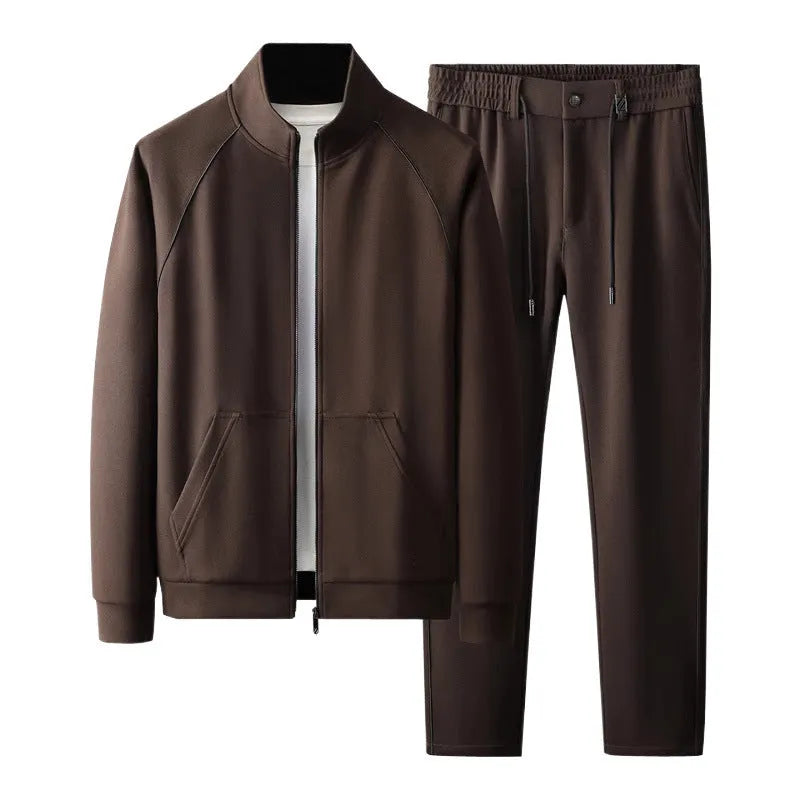 Stand collar sports suit set with slim fit in polyvinyl alcohol fibre fabric, shown in coffee colour