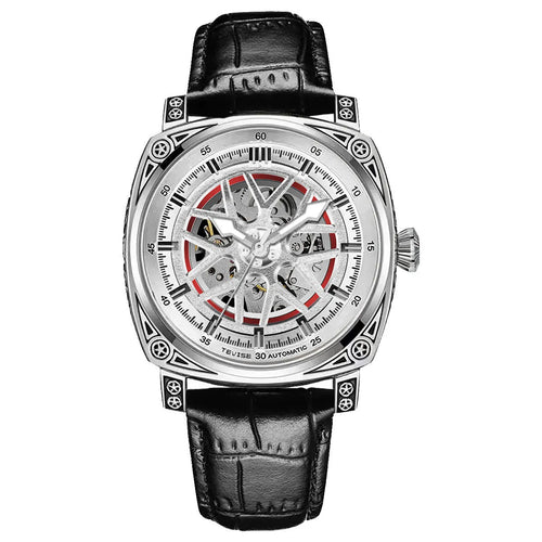 Men's automatic mechanical watch with stainless steel case and leather strap in four colour options