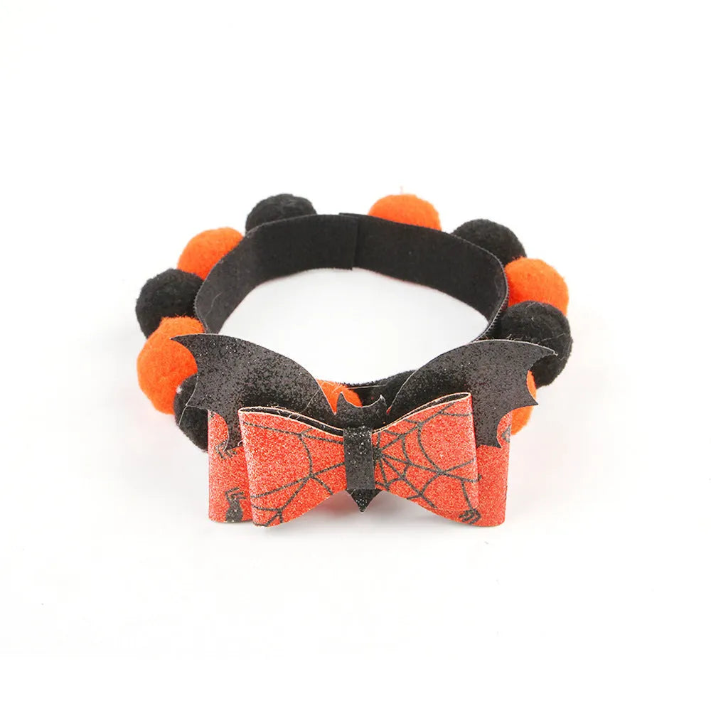 Halloween pet collar with fur ball decorations in various Halloween designs for dogs and cats