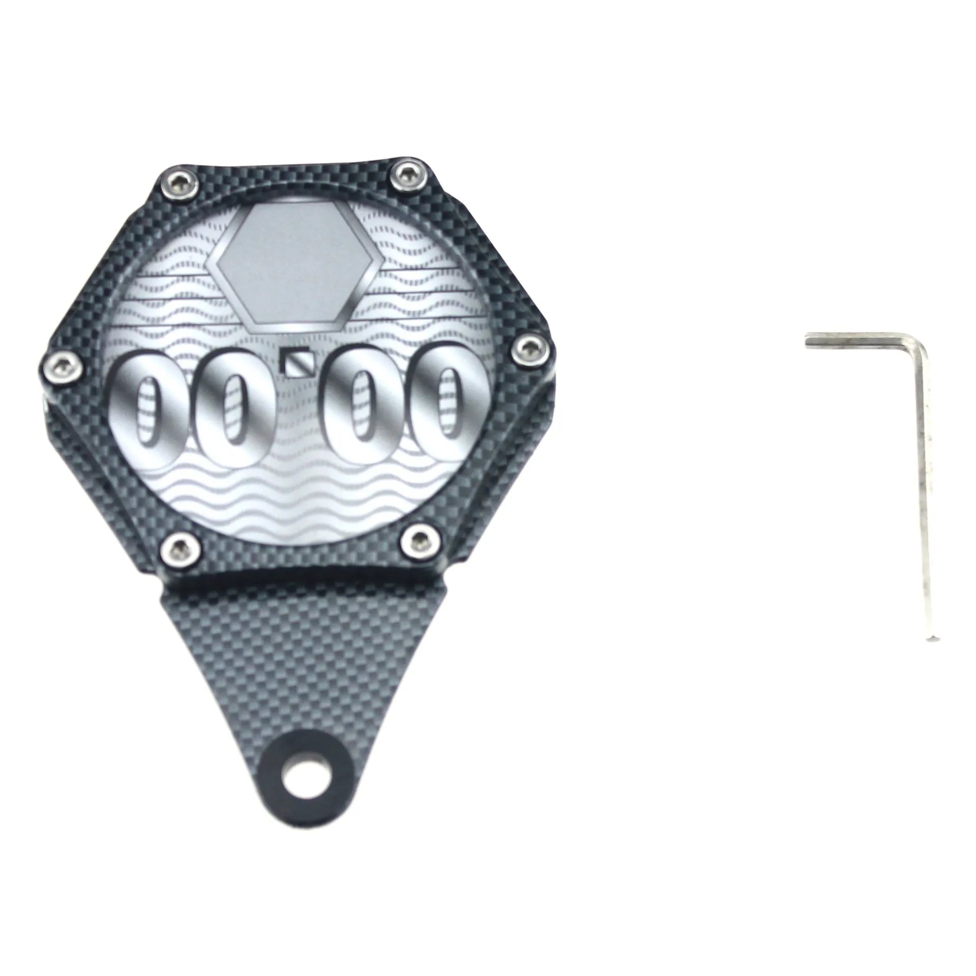 Black carbon fibre pattern motorcycle tax disc holder with metal alloy construction