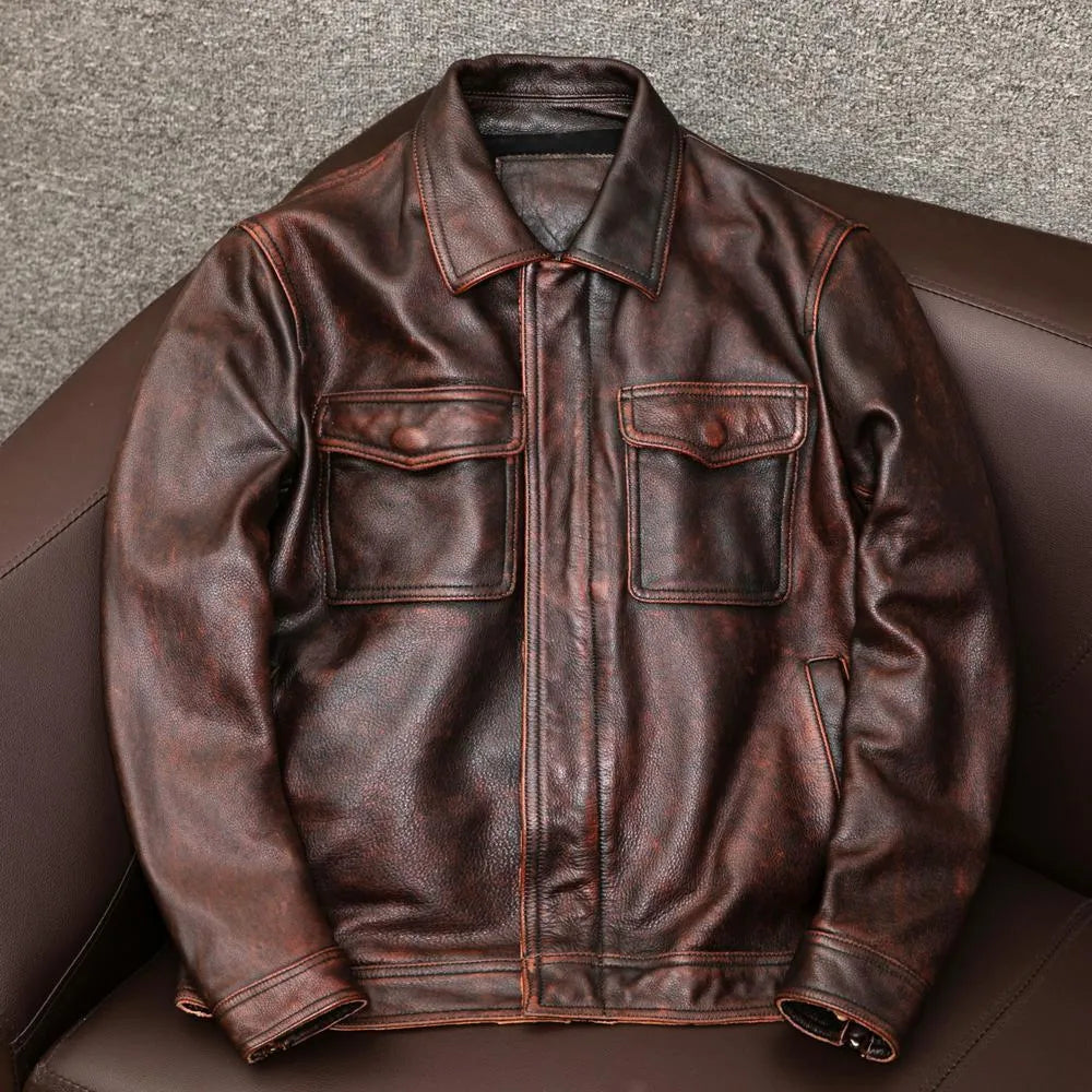 Man wearing a brown retro-style PU leather jacket with a lapel collar and side pockets.