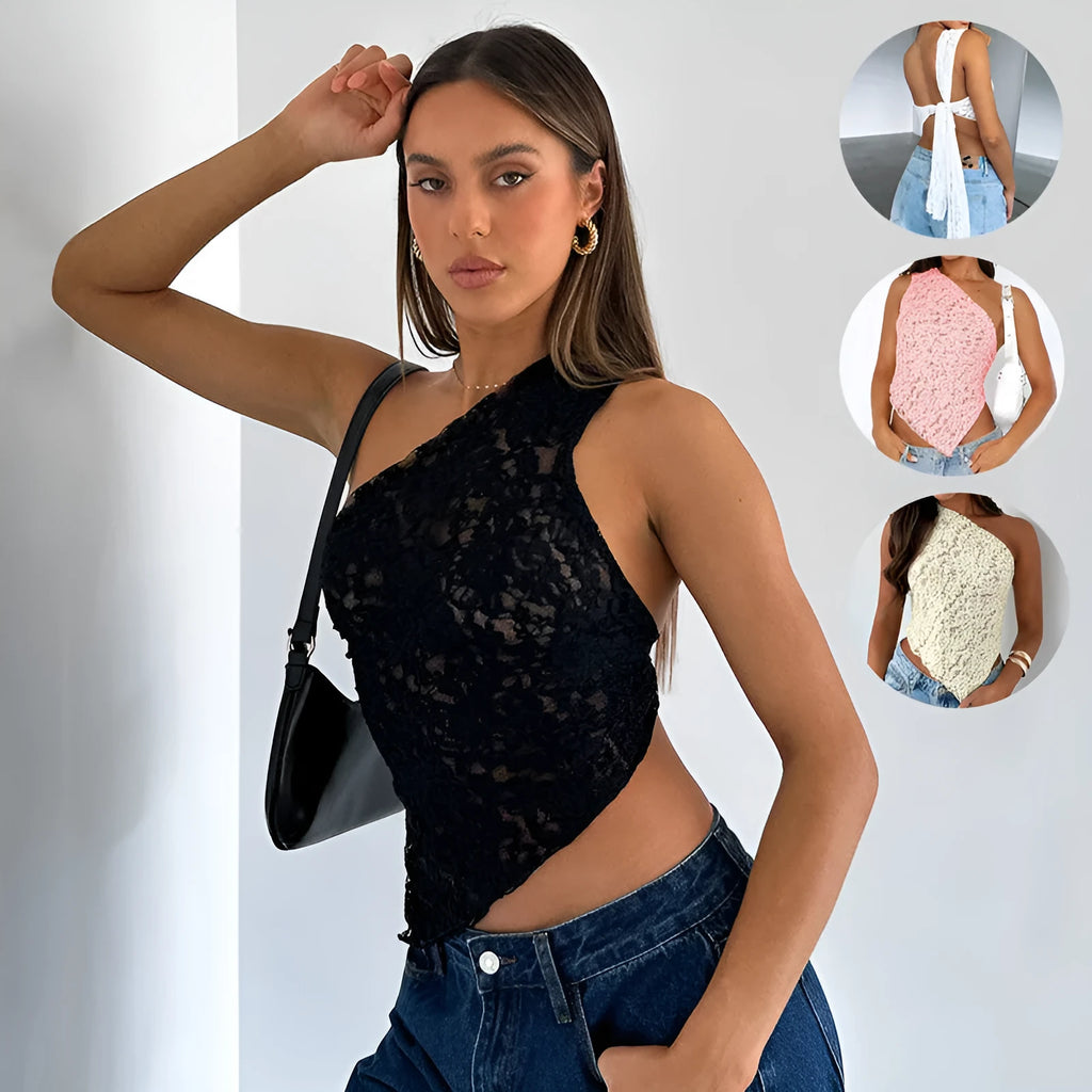 Women's lace backless polyester vest top with asymmetrical neckline in solid colour