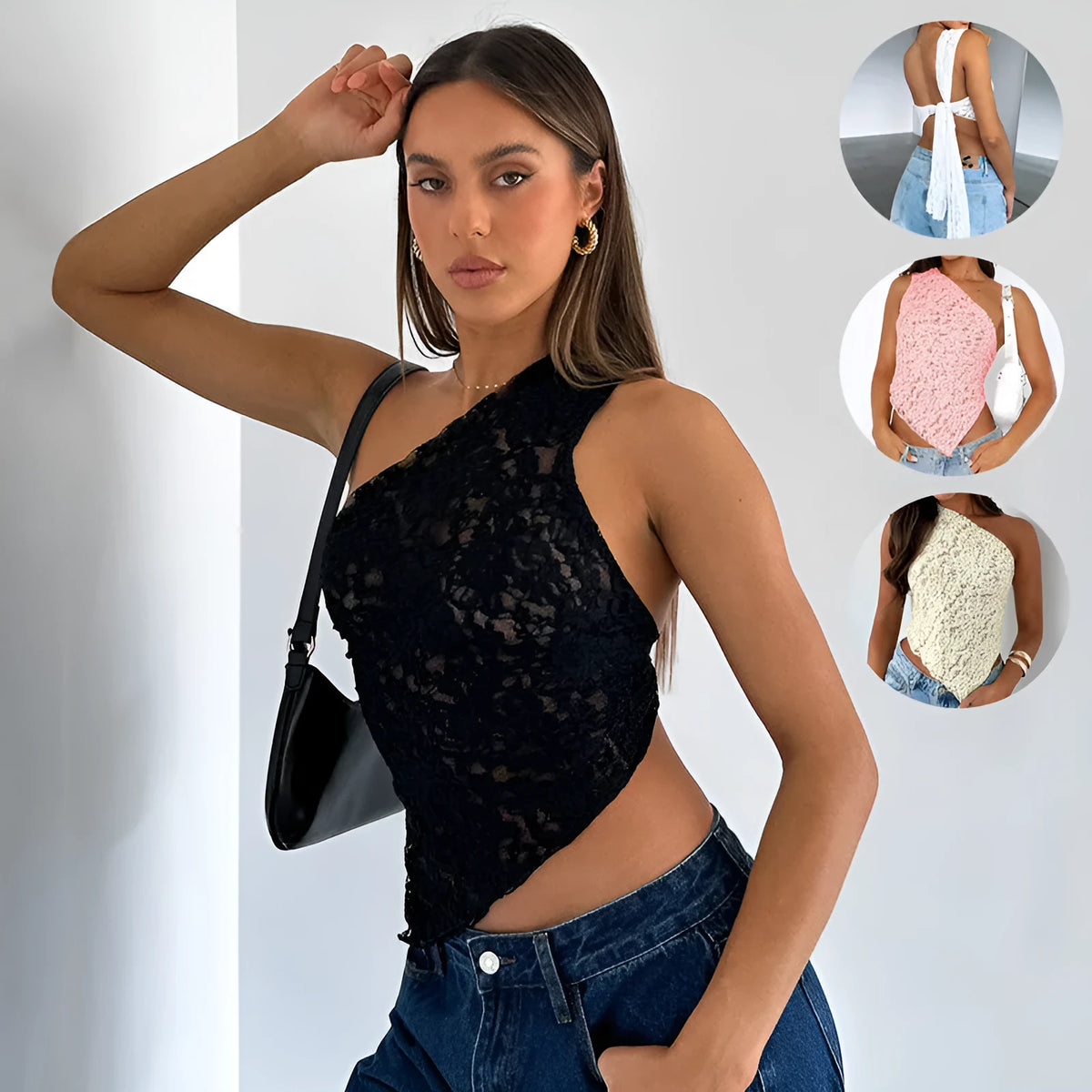 Women's lace backless polyester vest top with asymmetrical neckline in solid colour