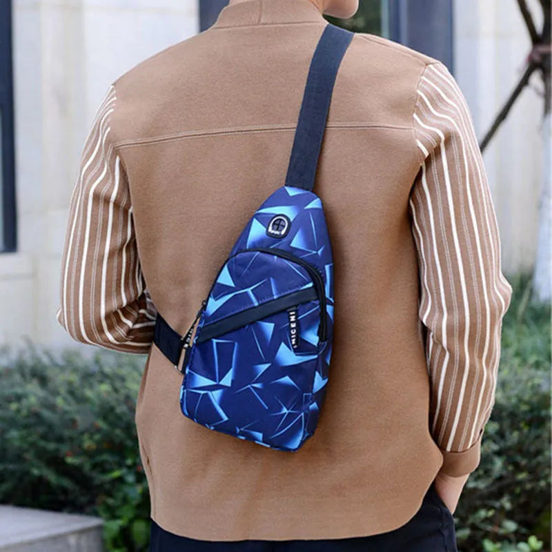 Oxford cloth men's crossbody sling bag with earphone hole and zipper closure