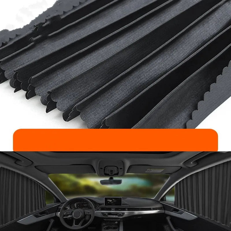 Retractable car sun curtain extended across windscreen with roller shutter mechanism visible.