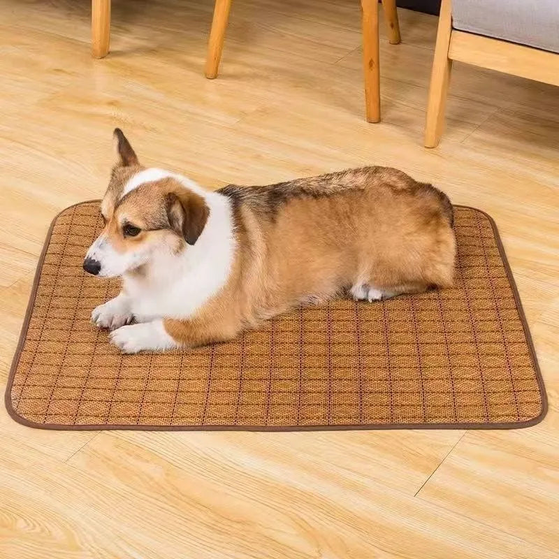 Brown rattan fibre cooling mat for dogs with woven texture in various size options