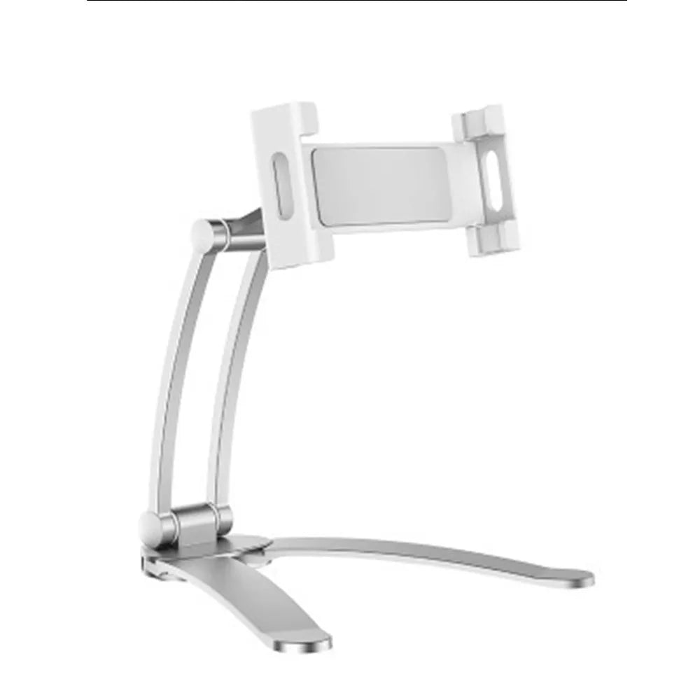 Silver aluminium alloy desktop stand holding a tablet, showing its adjustable clip and mounting base.