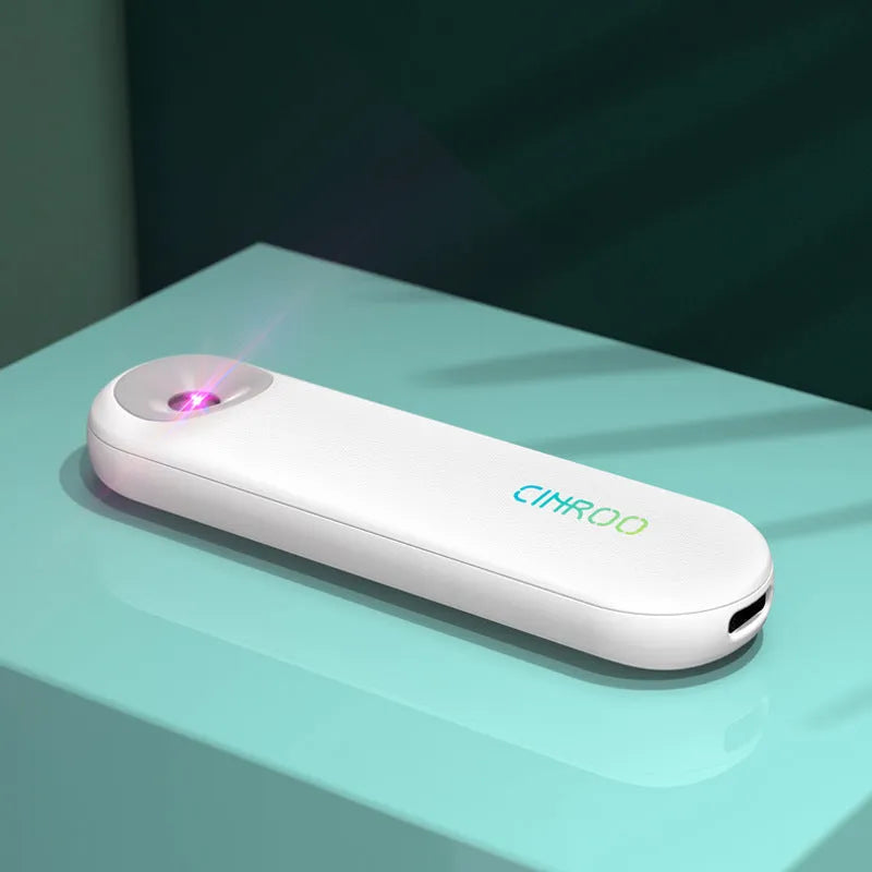 White portable ultraviolet sterilizer lamp showing compact dimensions with disinfection light angle indicator