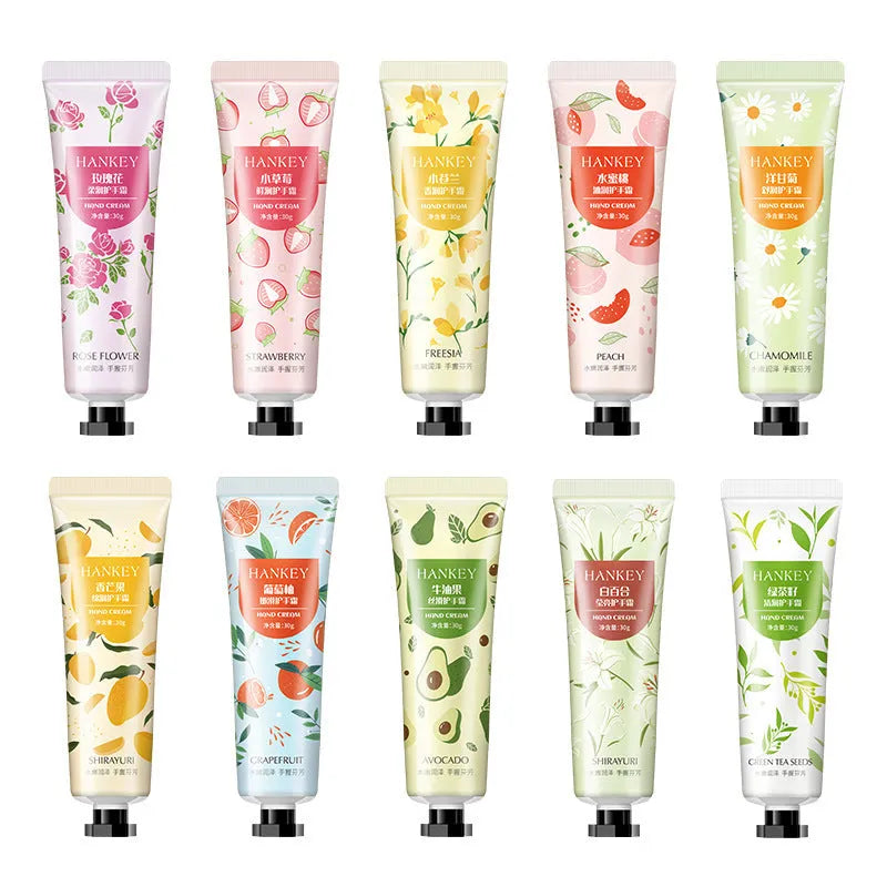 30g tube of fruit hand cream for moisturising dry skin with multiple scent options