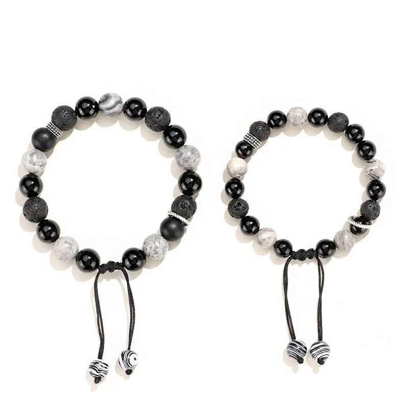 Black agate map stone and volcanic rock bracelet in diamond shape, showing 8mm and 10mm size options.