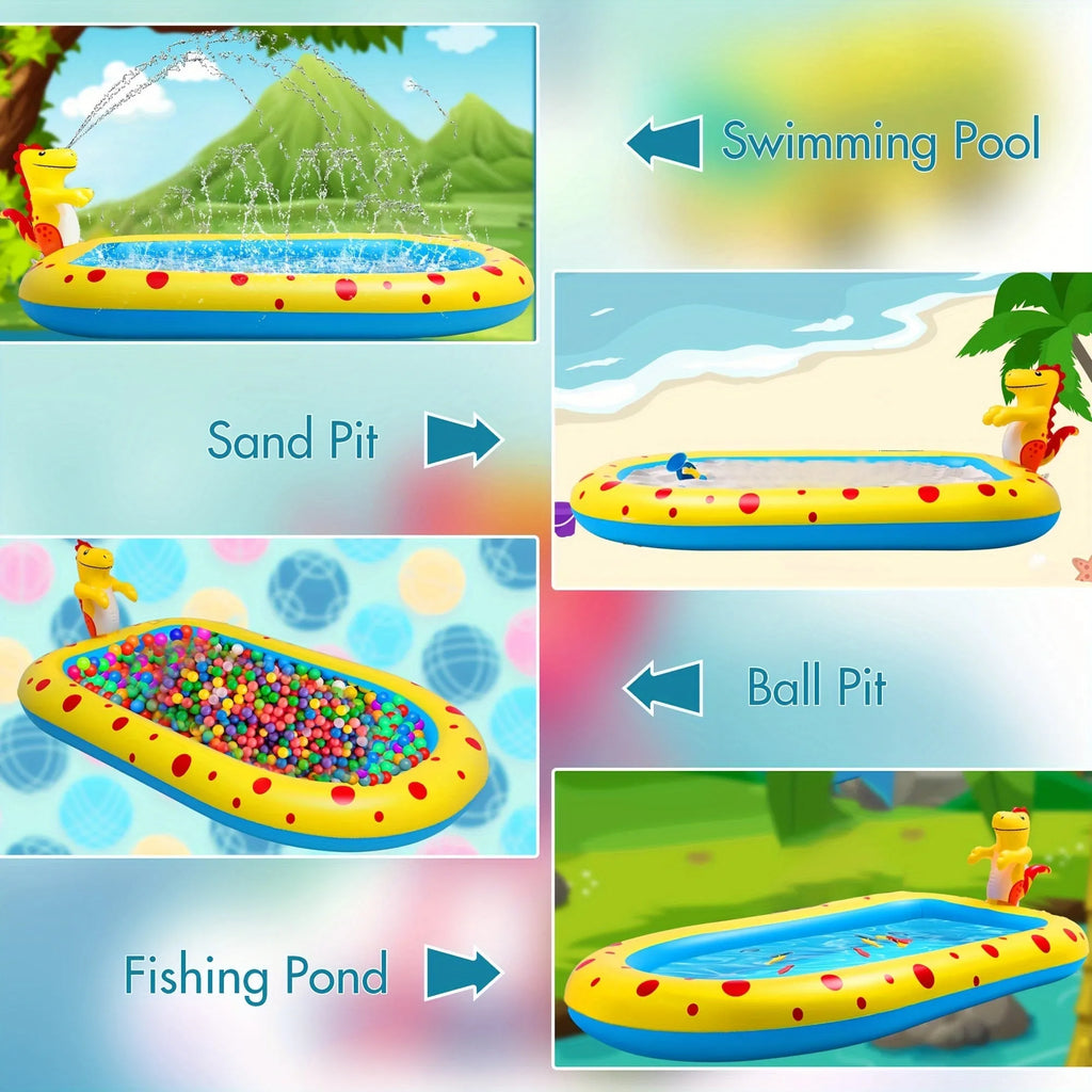 Blue dinosaur-shaped inflatable water spray pool for kids outdoor play