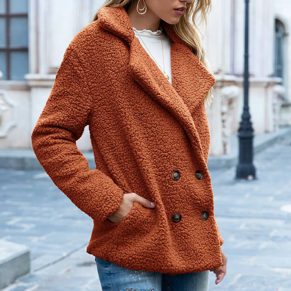 Women's loose lapel fluffy button-front winter coat in polyester fibre available in multiple colours