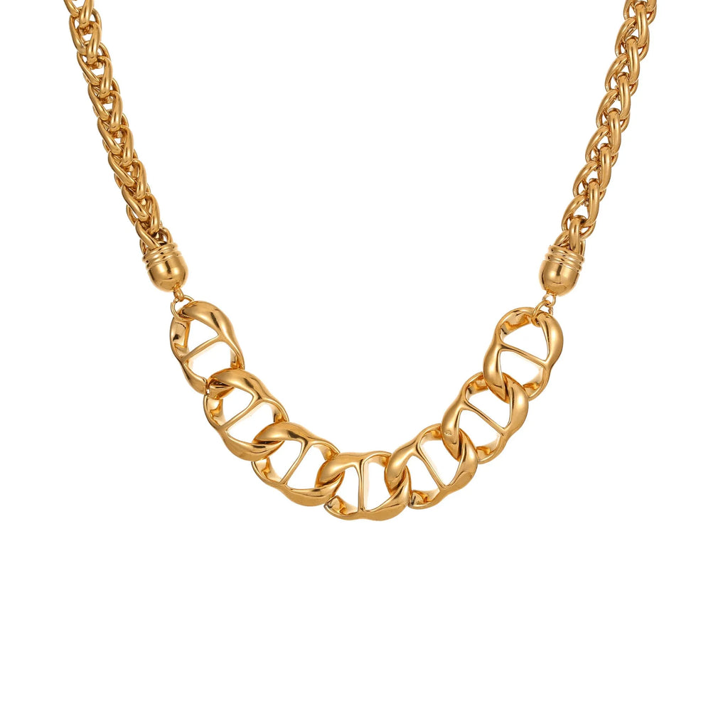 Gold plated stainless steel geometric pendant necklace for women on a chain.