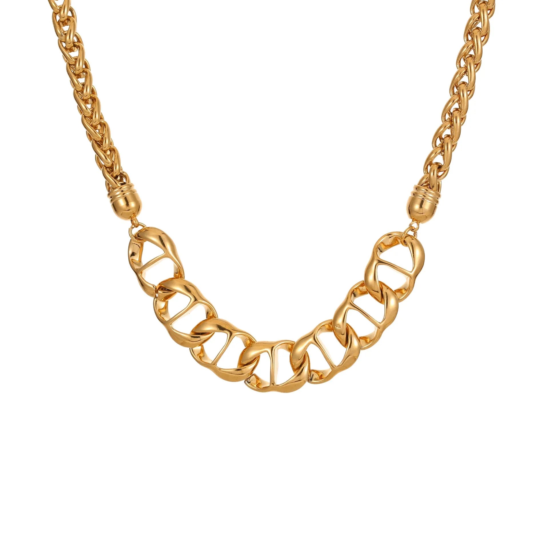 Gold plated stainless steel geometric pendant necklace for women on a chain.
