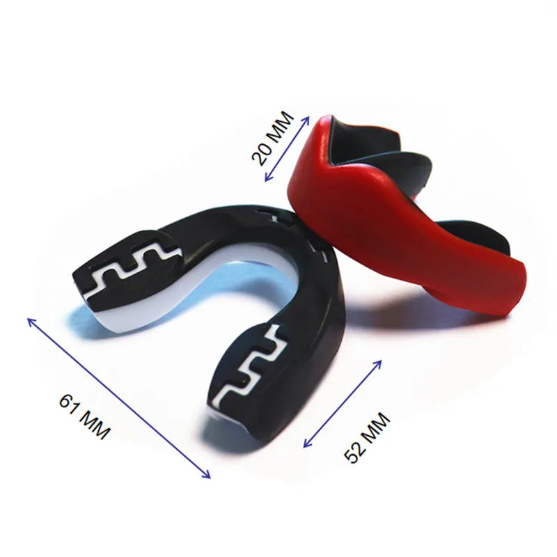 Adult boxing sports mouthguard with tooth socket free design in black, red, or blue with white teeth print.