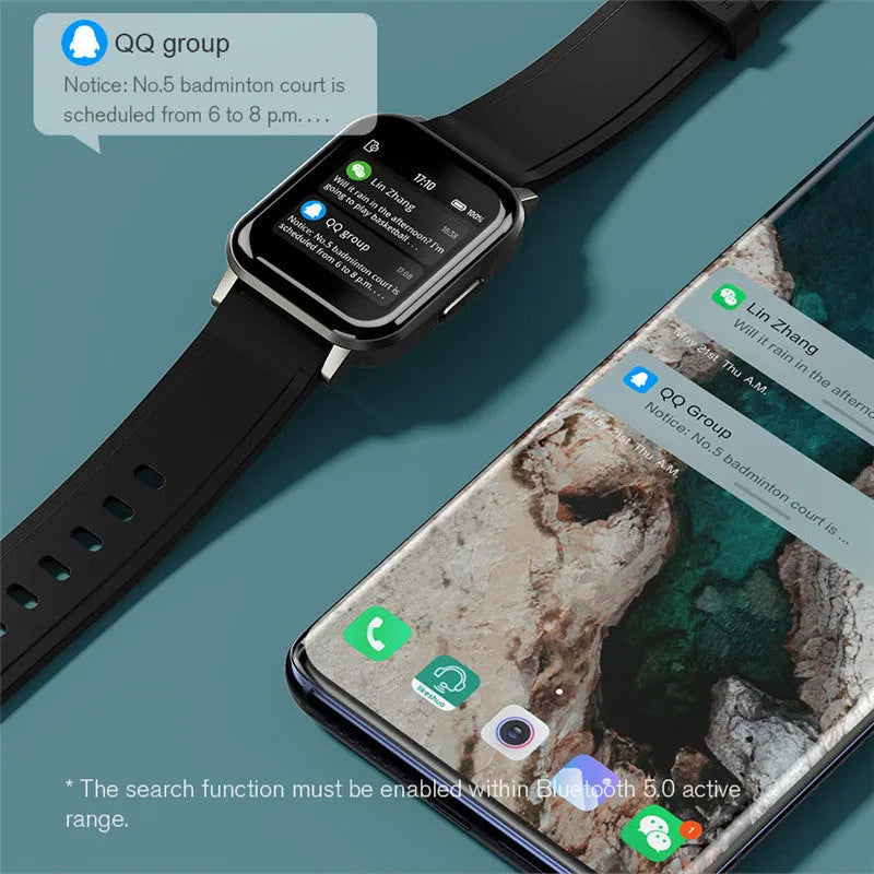 Black waterproof smart bracelet with 1.4-inch touchscreen and silicone strap on wrist