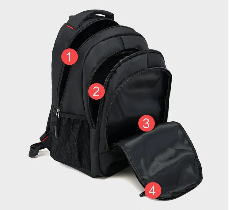 Blue Oxford fabric backpack with side zipper pockets and thick shoulder straps