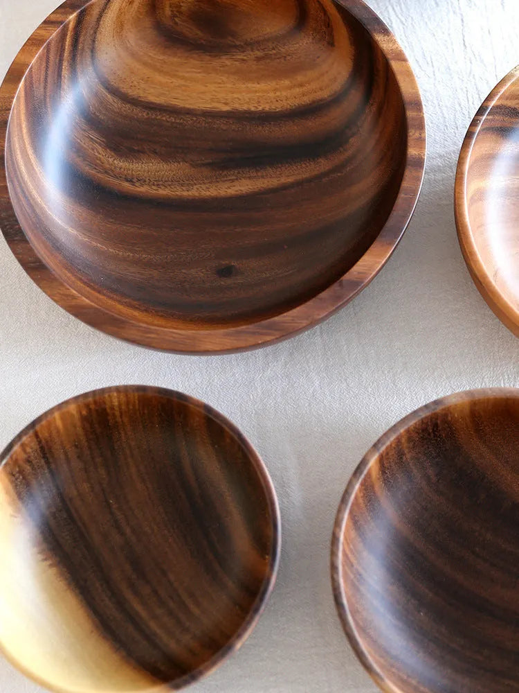Natural wooden bowl handmade Japanese style brown fruit salad bowl available in sizes 8x6cm to 26x8cm