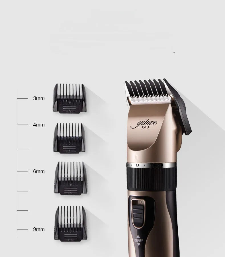 Gold cordless pet grooming clipper kit with ceramic titanium blade, four guide combs and grooming tools
