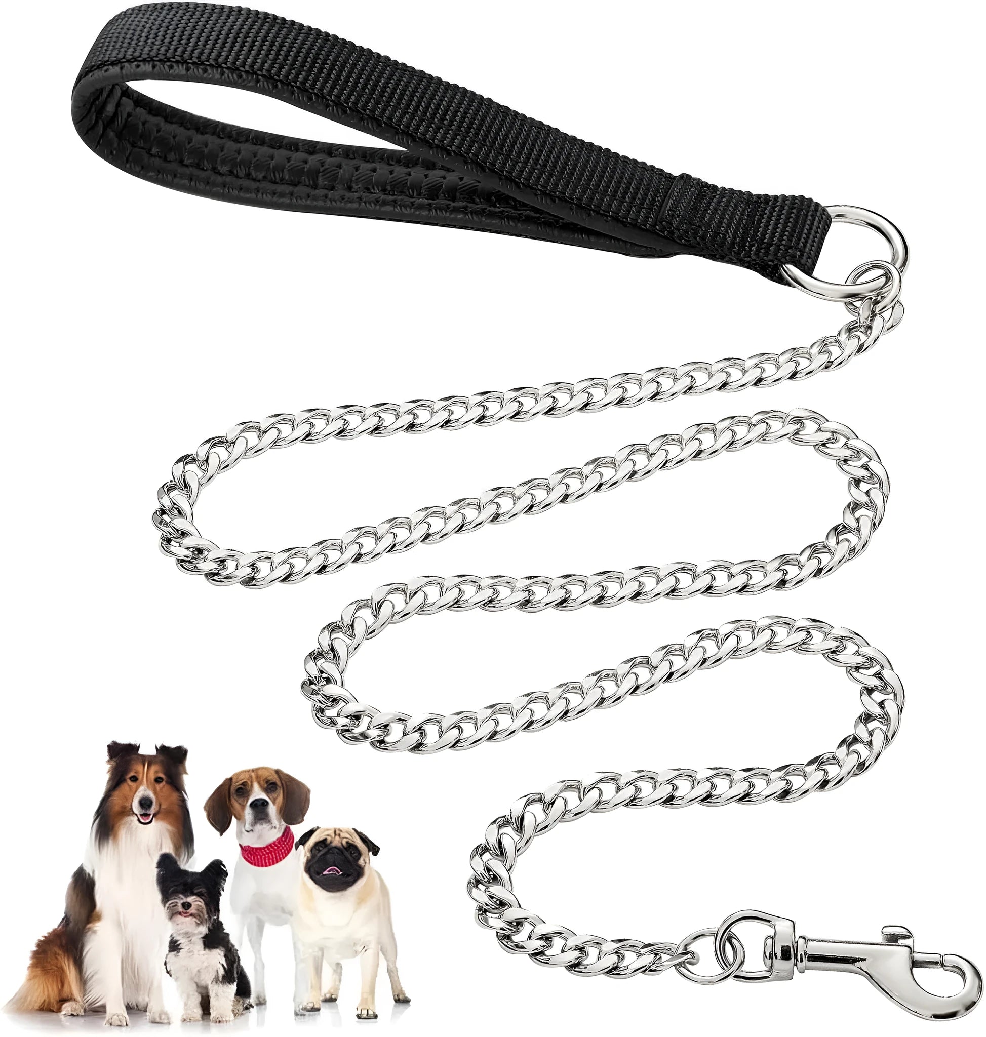 Heavy duty metal chain dog leash with a soft black padded handle, shown with a red colour option.