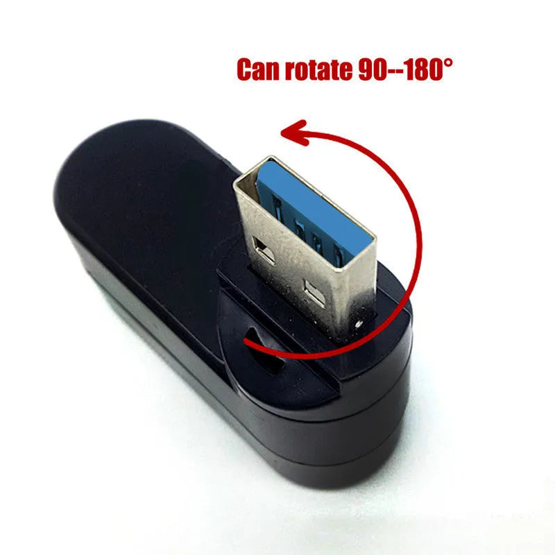 Black or white USB rotary splitter hub with four ports on a blister card packaging.