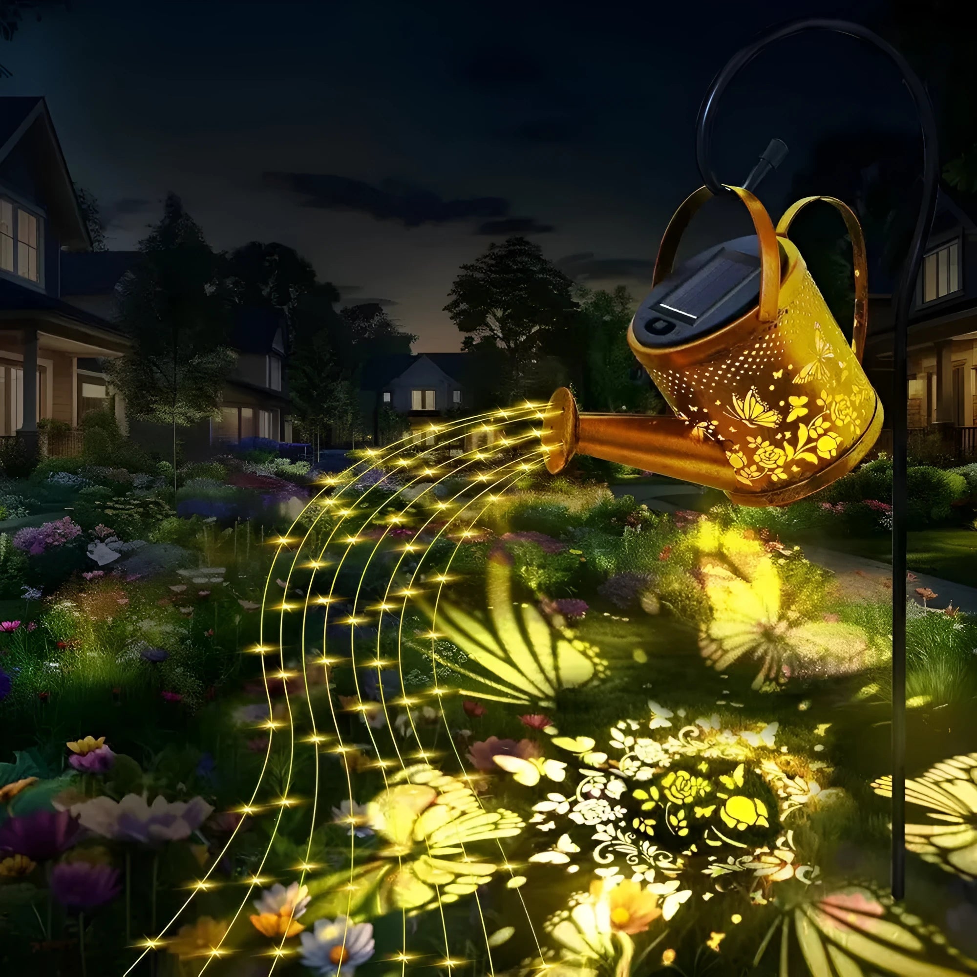 Solar-powered butterfly design kettle light for outdoor garden decoration with wrought iron construction