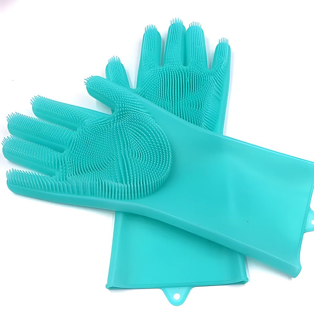 Blue silicone cleaning gloves with textured scrubbing surface on palms for washing dishes