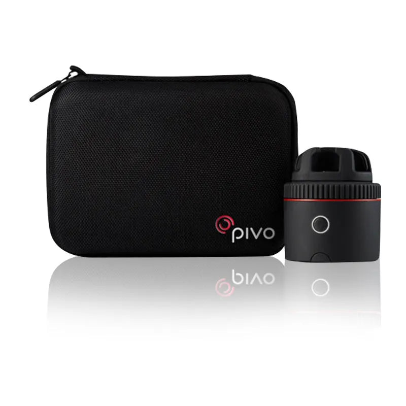 Matte black PIVO facial tracking camera on a 360-degree rotating base, attached to a smartphone.