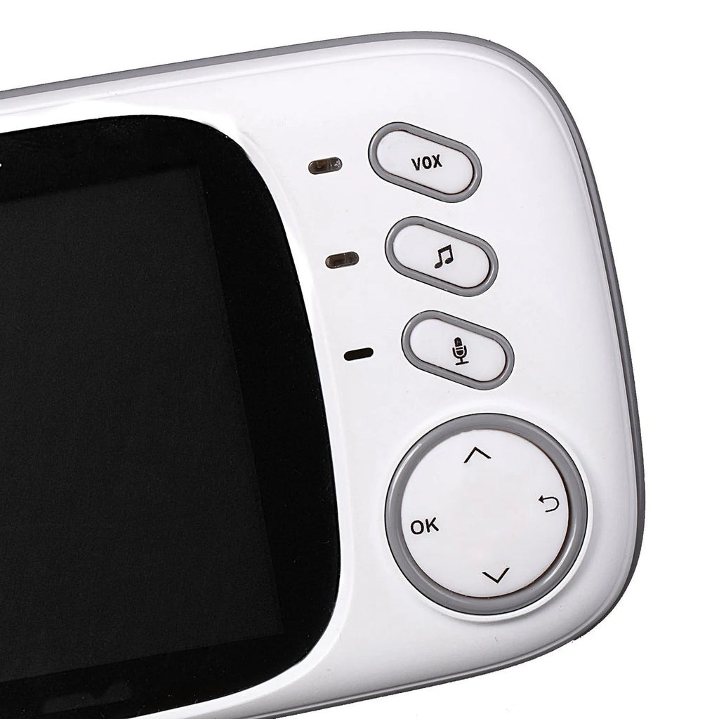 VB603 digital baby monitor with parent unit showing 3.2-inch screen and separate camera with infrared LEDs.