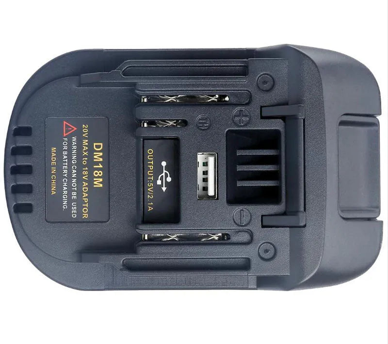Black battery adapter converting Milwaukee DM18M to Makita H99F power tool batteries