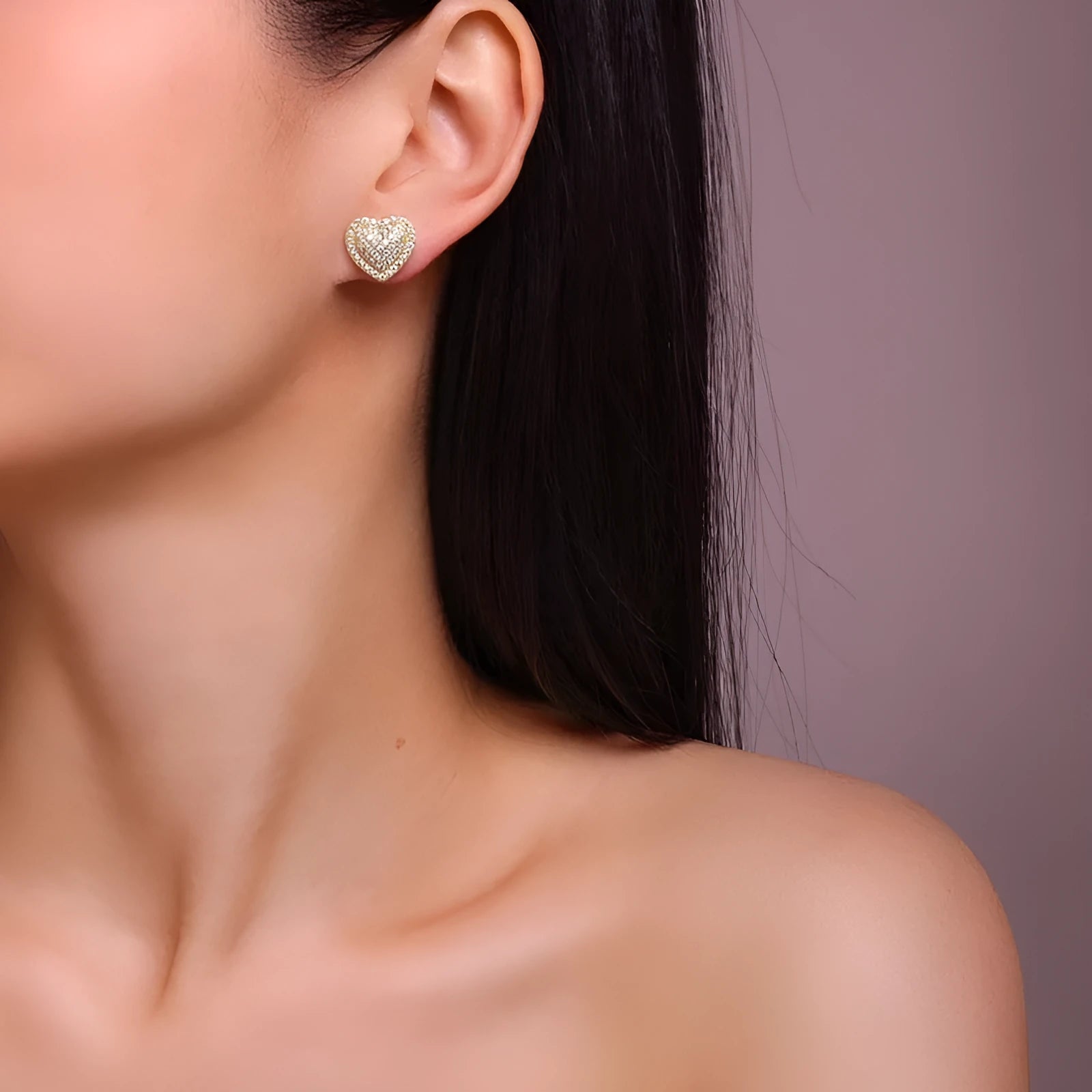 Golden heart-shaped moissanite stud earrings in S925 sterling silver with butterfly backing