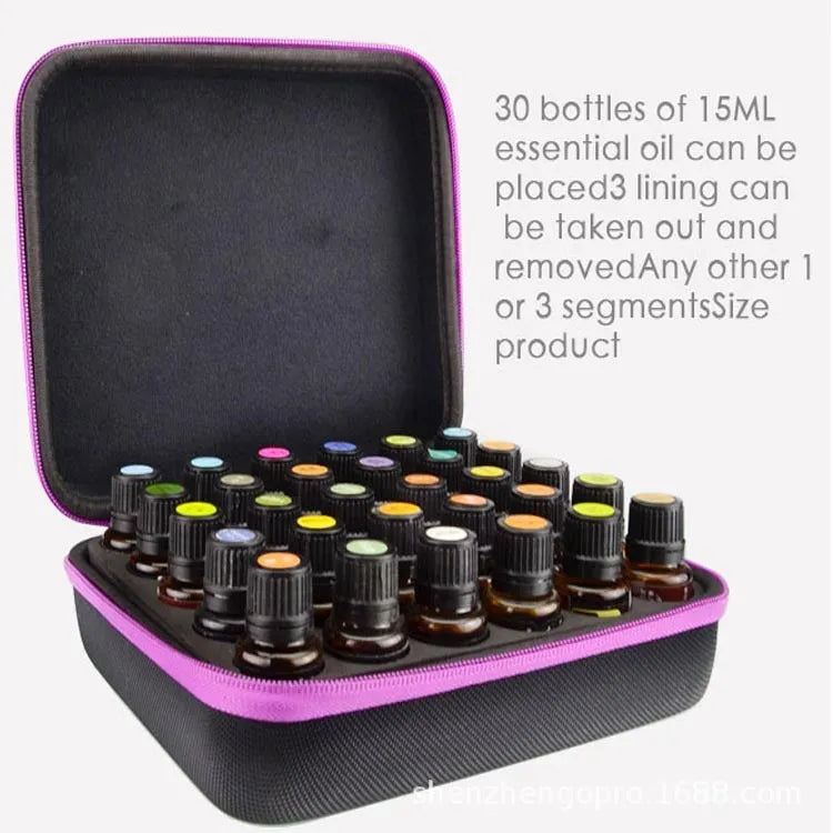 Red EVA essential oil storage bag with 30 compartments for 15ml bottles, wall-mounted organiser