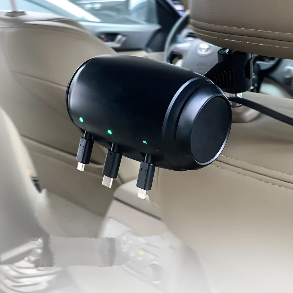 Black car headrest charger with 3-in-1 Micro USB, USB-C and Lightning ports and 1.5m auto-shrinking cable.