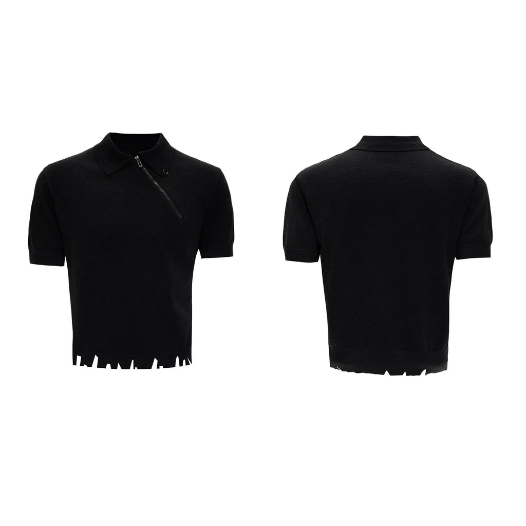 Man modelling a slim-fit black knitted polo shirt with an angled diagonal zipper and a lapel collar.