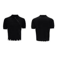 Man modelling a slim-fit black knitted polo shirt with an angled diagonal zipper and a lapel collar.