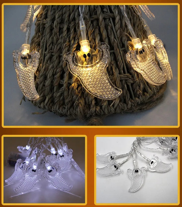 Halloween LED string lights with bat, pumpkin, ghost and spider pendants on a 1.2 metre wire