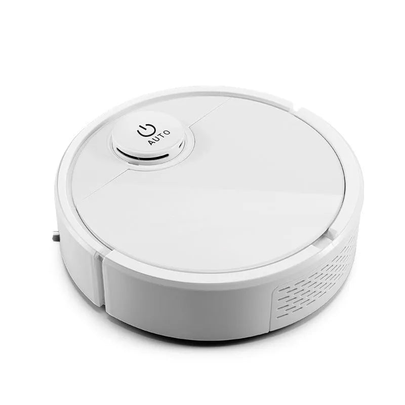 Automatic sweeping floor cleaner robot with compact black ABS body on a wooden floor.
