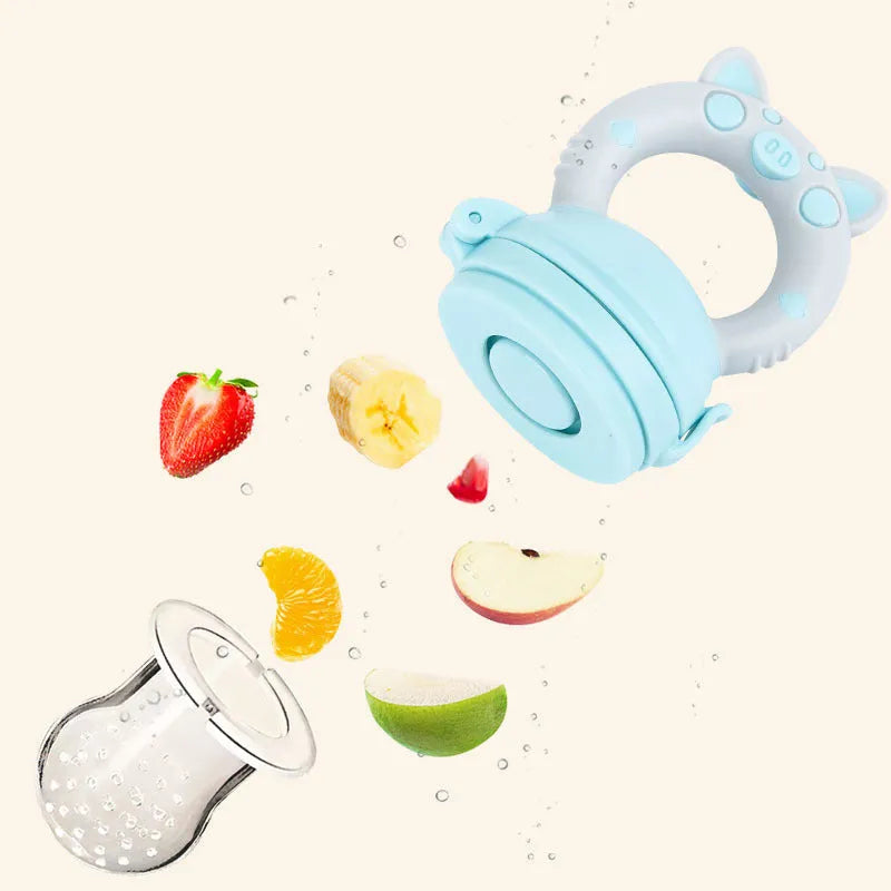 Silicone baby teether in blue, green, and pink colours with mouthpiece design options