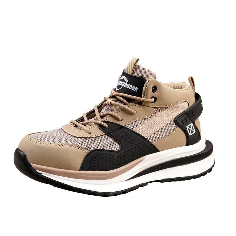 Low-top steel toe safety shoes with lace-up front and rubber sole in black, brown, or grey