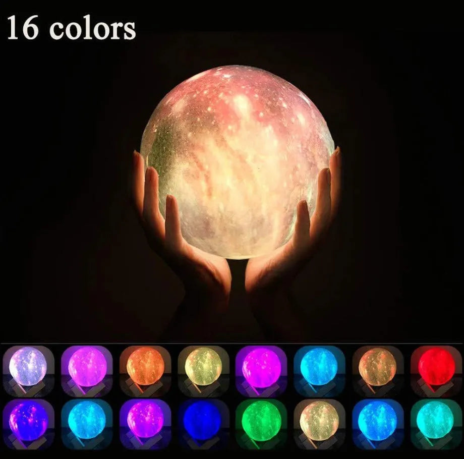 White spherical lunar night light with textured surface and soft LED glow on a dark surface.