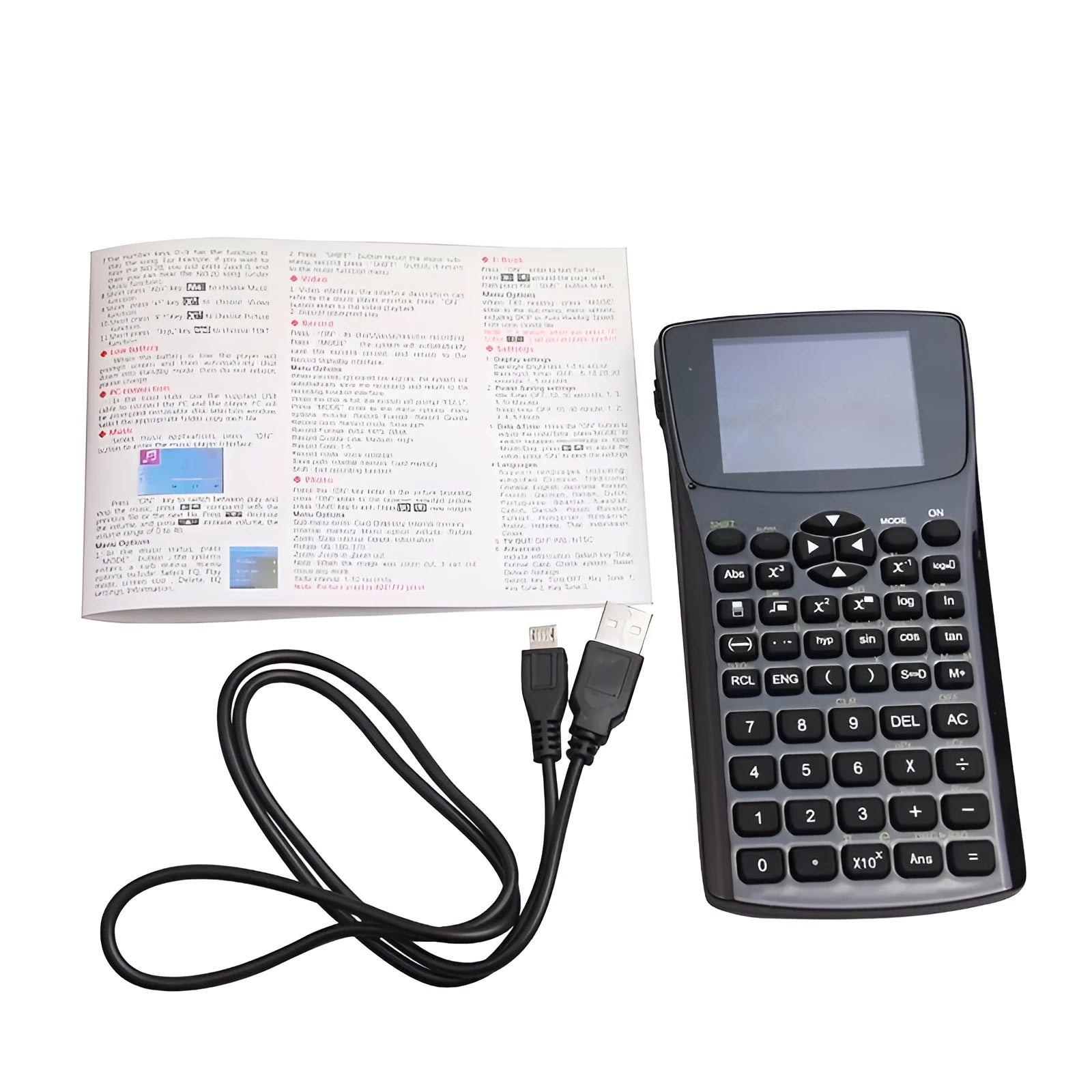 Black multifunctional e-book reader with small colour screen and adjustable strap.