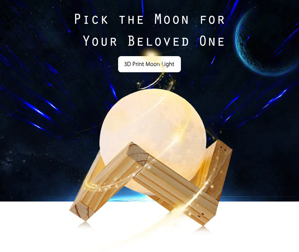 3D printed moon light lamp on wooden stand with detailed lunar surface, showing touch ring at base.
