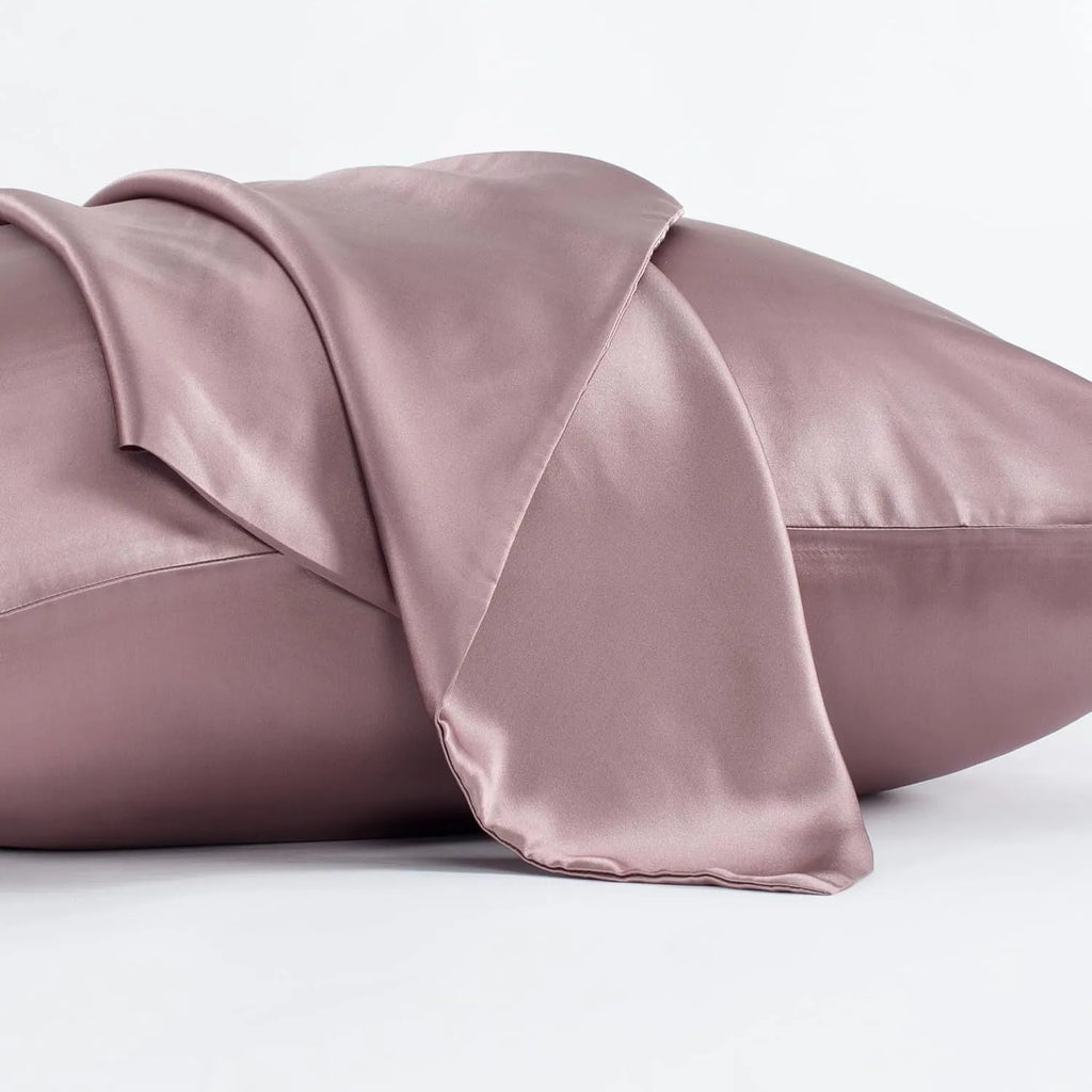 Dark grey mulberry silk envelope pillowcase showing closure detail and smooth fabric texture
