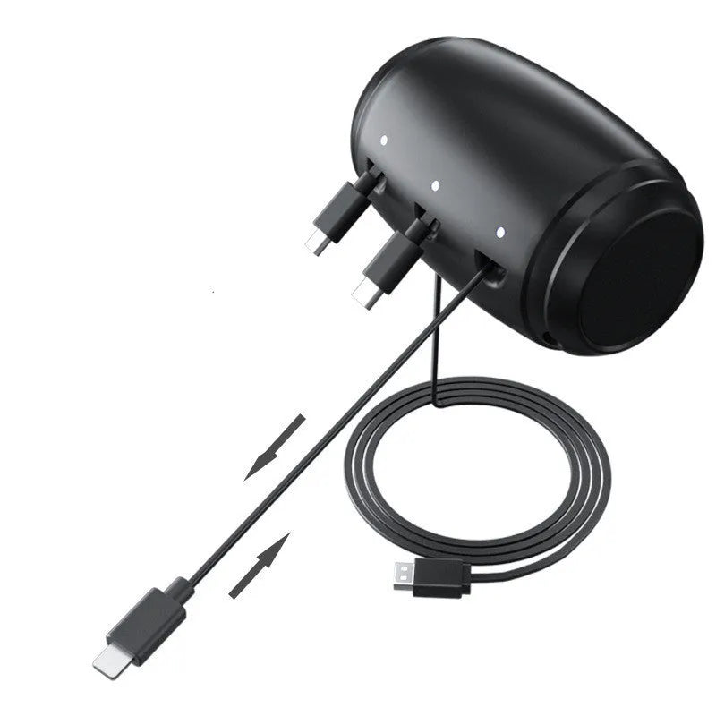 Black car headrest charger with 3-in-1 Micro USB, USB-C and Lightning ports and 1.5m auto-shrinking cable.