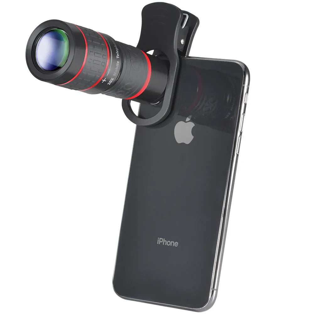 20x magnification smartphone telescope with universal mounting clip and plastic housing on a mobile phone.