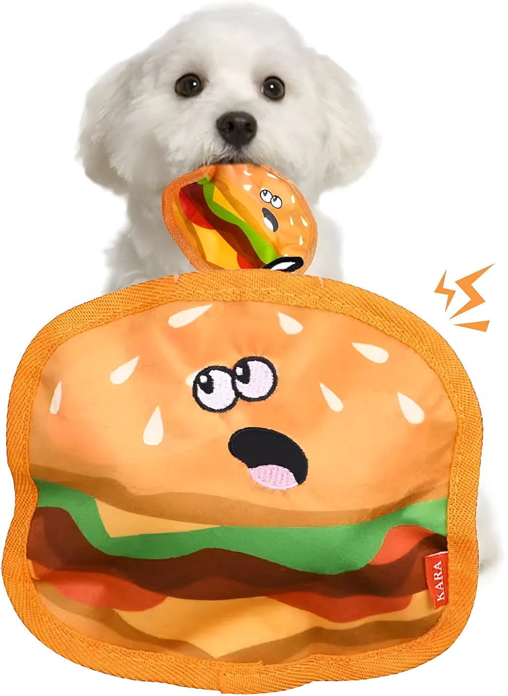 Hamburger-shaped dog toy with vivid colours featuring crinkle and squeaker sounds for interactive play