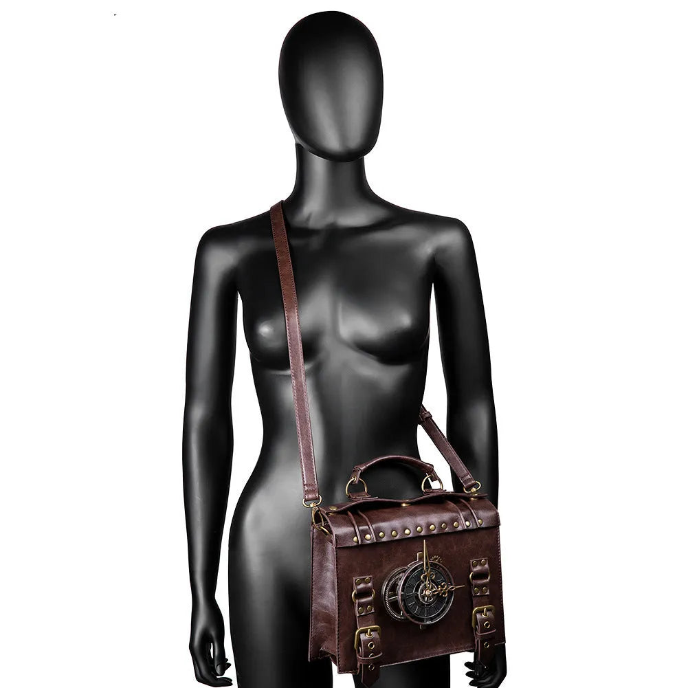 Bronze steampunk industrial retro shoulder bag with metal hardware on horizontal square pillow shape